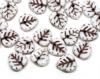 White leaf beads, Heart shaped triangle leaf beads, White Brown leaves, Czech glass small petals 30pc - 1770