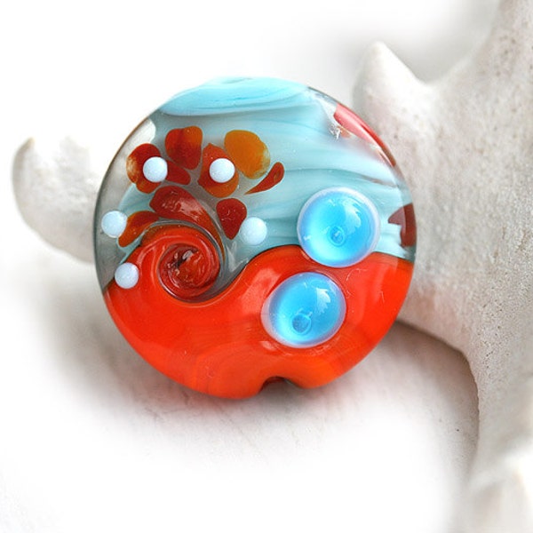 Blue and Orange Lampwork bead, handmade glass bead, bright, summer, SRA - by MayaHoney