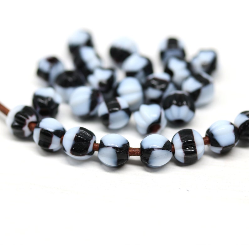 1.5mm hole black and white 6mm czech glass round melon shape beads for leather cord 30pc 3115