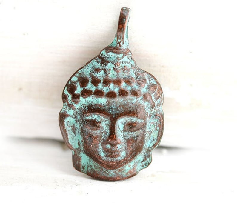 Buddha face pendant, Green patina on copper buddha charm, yoga jewelry, tibetan charm 1pc F121 image 1