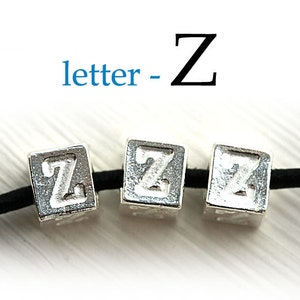Cuentas con letras del alfabeto - Letra Z plateada - 7 mm, letras de metal, cuentas cúbicas, para cordón de cuero, personalizadas, 3 piezas - F298