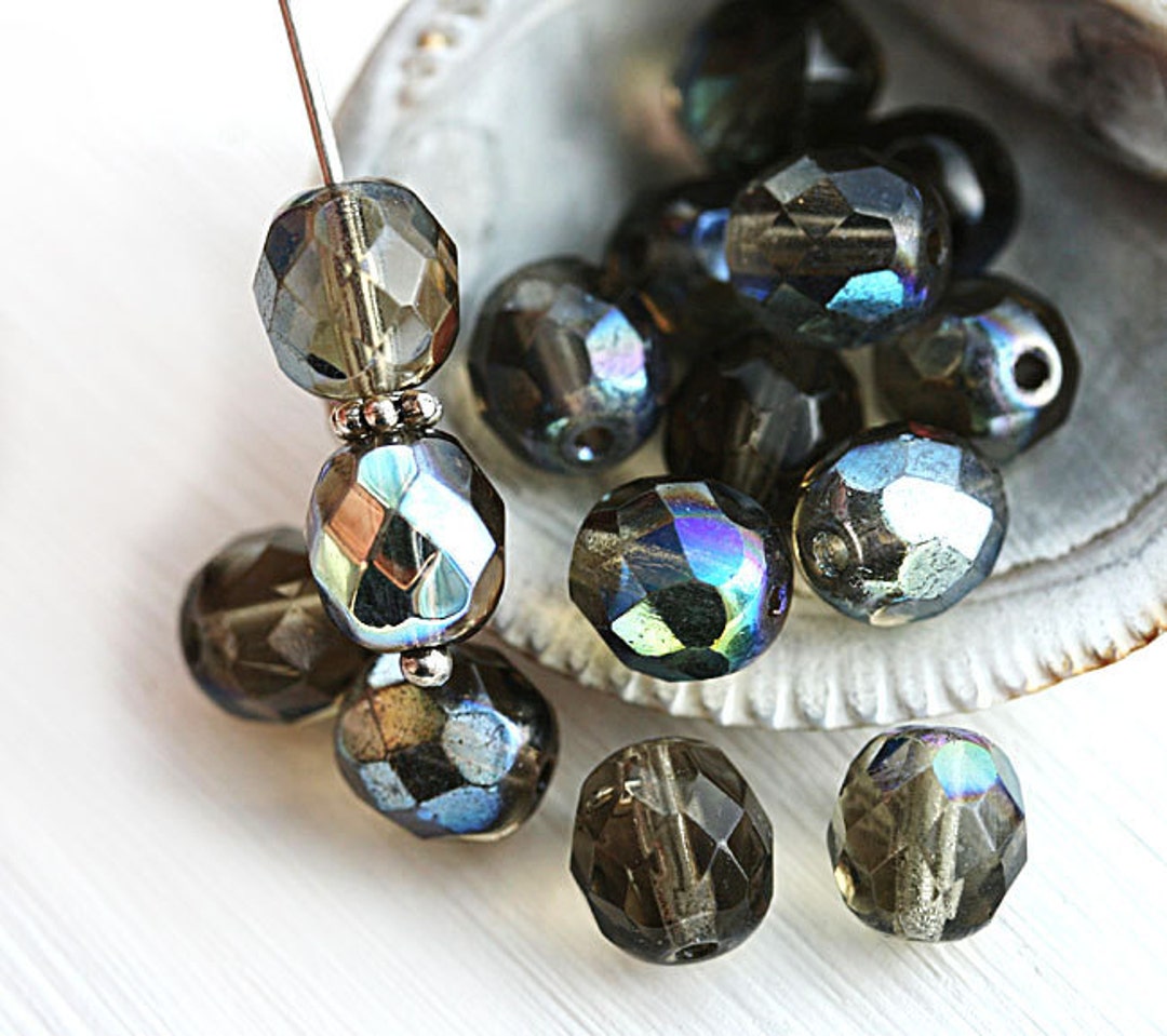 8mm Dark Grey Glass Beads AB Finish Czech Round Beads Fire Polished