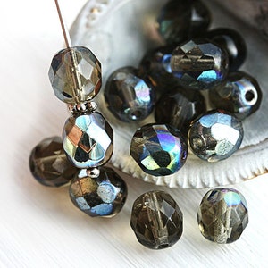 Dark Grey Czech Glass Beads: 8mm Faceted Round, AB Finish (15Pc)