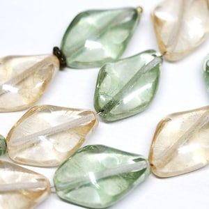 Antique green oval beads, Pale beige czech glass twist Fire polished beads mix, 19x13mm - 6Pc - 0653