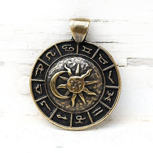 Zodiac Sun and Moon pendant bead Antique brass charm Horoscope Zodiac jewelry Astrology Greek metal casting - F416