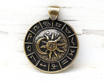 Zodiac Sun and Moon pendant bead Antique brass charm Horoscope Zodiac jewelry Astrology Greek metal casting - F416