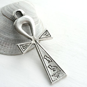 Antique Silver Ankh Pendant, Egyptian symbol of Life, Cross with loop, large egyptian pendant bead - 1pc - F617