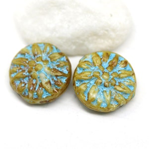 15mm Dahlia flower czech beads Rustic picasso flower beads 2Pc - 3695
