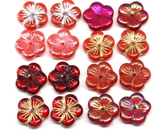 Red flower bead cap 14mm Czech glass floral beads jewelry making 6pc