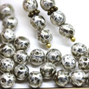 Silver crackle beads 6mm round druk czech glass dark gray beads spacers, 40pc - 0417