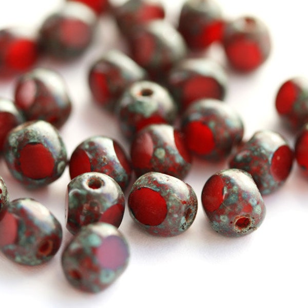 Dark Red beads, Czech glass beads, picasso beads, round cut, fire polished, 6mm - 30Pc - 2839