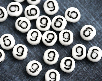 9 Number beads, white czech glass beads with black inlays, number 9 bead, symbol, 6mm - 25pc - 2471