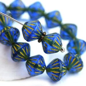 9mm Dark Blue Bicone beads, Yellow Stripes, czech glass beads 15Pc 2897 image 3