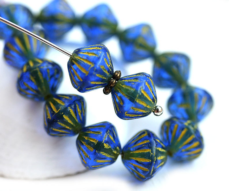 9mm Dark Blue Bicone beads, Yellow Stripes, czech glass beads 15Pc 2897 image 3