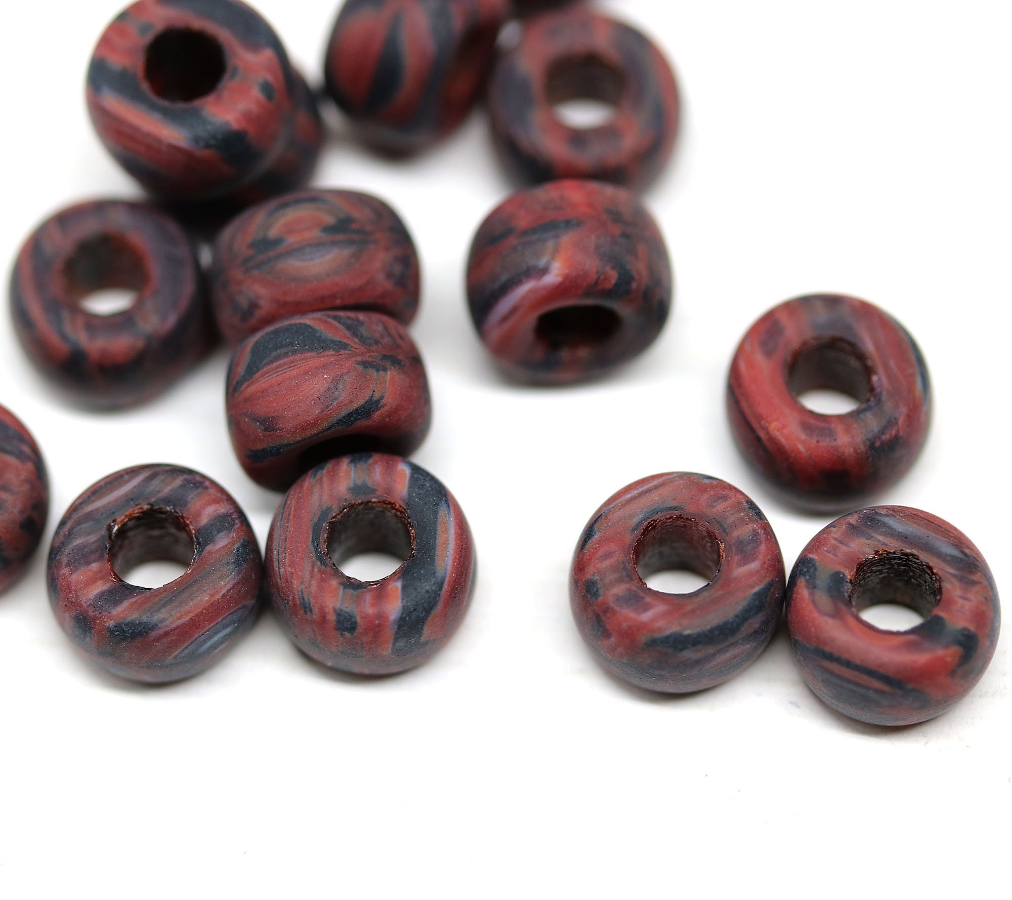 9mm Dark Red Pony Beads Brown Red Czech Glass Roller Beads 3mm Hole Round  Spacer Beads, 20pc 3610 