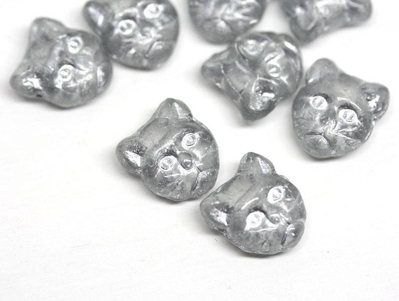 Gray Cat beads Silver wash czech glass beads Side drilled Silver cat Feline Kitty 8pc 0920 image 3