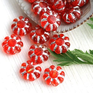 Red Flower beads Red Silver czech glass beads Red Orange flowers Silver inlays Daisy floral beads - 9mm - 20Pc - 0140