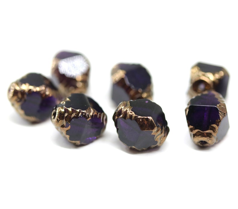 10x8mm Very dark purple bicone fire polished czech glass beads golden edge, 8Pc 5659 image 3