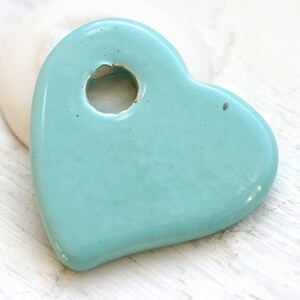 Light Blue Heart Pendant bead, Mint Blue ceramic heart bead, enamel coating, large heart pendant, greek bead 1pc F059 image 2