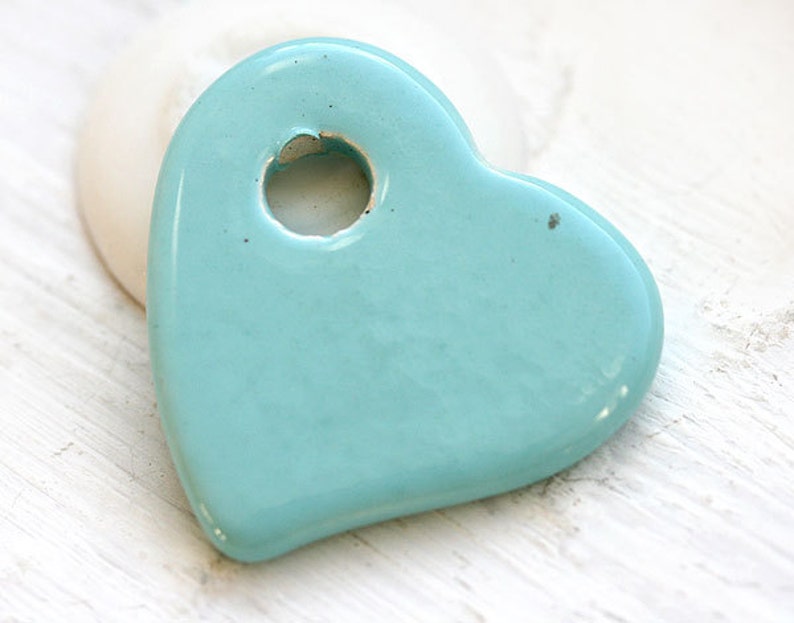 Light Blue Heart Pendant bead, Mint Blue ceramic heart bead, enamel coating, large heart pendant, greek bead 1pc F059 image 2