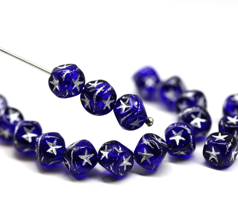 7mm Dark blue cube beads gold silver stars ornament czech glass cubes 20pc image 8