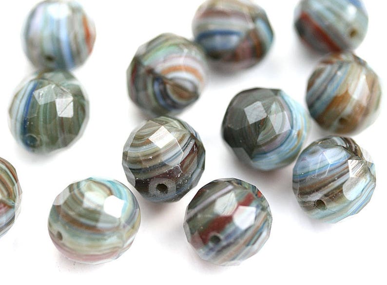 12mm Round Grey Blue Czech Glass beads, Grey Mixed color, earthy fire polished faceted large rounds 4Pc 3035 image 3