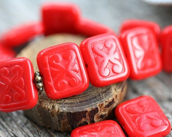 Opaque Red beads 12mm Rectangle сarved czech glass beads Swirls Scrolls pressed beads - 12x11mm - 1563
