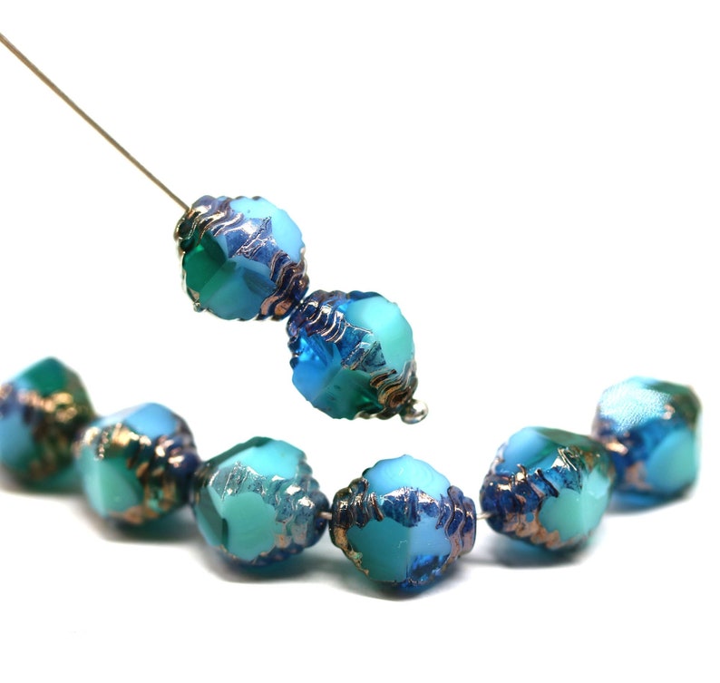 10x8mm Blue green bicone fire polished czech glass beads old patina, 8Pc 5651 image 1