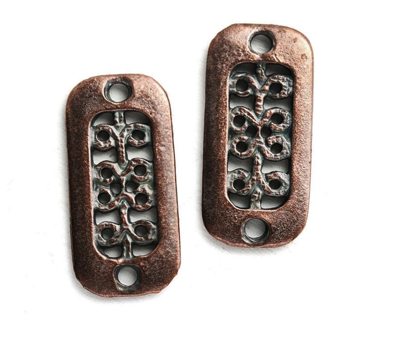 Antique copper rectangle two hole connectors Ornament metal casting patina findings rectanglular charms 2Pc 2102 image 1