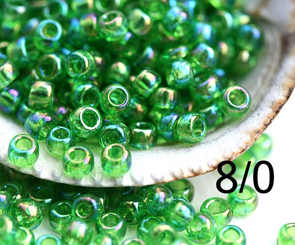 Green TOHO Seed Beads 8/0: Transparent Rainbow Peridot, 10g
