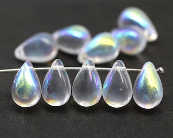 Crystal Czech Glass Teardrop Beads: Clear AB Finish, Top Drilled