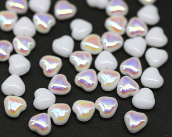 White heart beads Czech glass 6mm tiny hearts, AB finish, white glass beads 40pc - 5093
