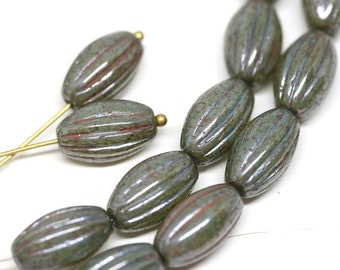 Green Gray oval beads Picasso finish Carved Large czech glass rustic barrel beads Long pressed beads 14x8mm - 8Pc - 1358