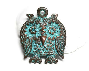 Green Patina Copper Owl Pendant: Greek Metal Bird Charm
