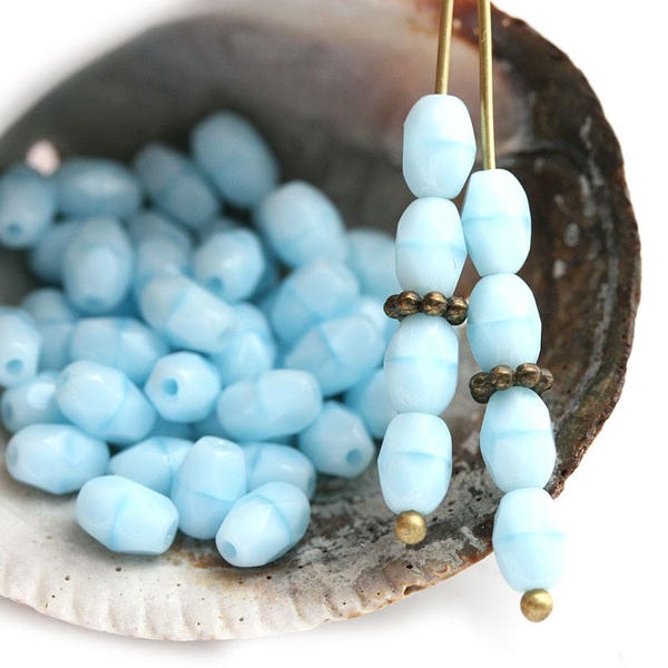 6x4mm Sky Blue rice beads Czech glass oval fire polished olive shaped small beads - 50Pc - 0798