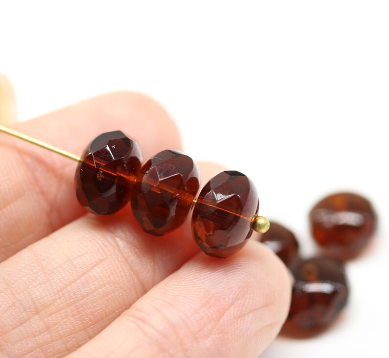 7x11mm Dark topaz fire polished rondelle brown Czech glass beads large rondels 8pc 3983 image 4