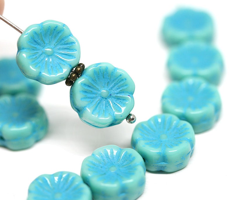 12mm Turquoise Pansy Flower Beads Czech Glass Blue Inlays | Etsy