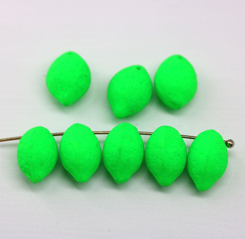 Lemon beads Czech glass lime fruit beads Vegan jewelry 14x10mm Dark green neon
