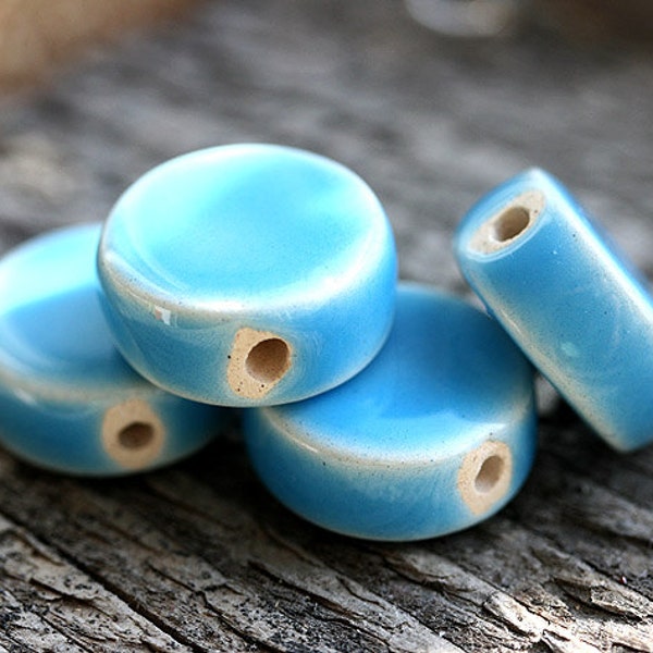 Ceramic coin beads - Sky Blue tabs - greek beads, flat round, enamel coating, 17mm - 2pc - F074