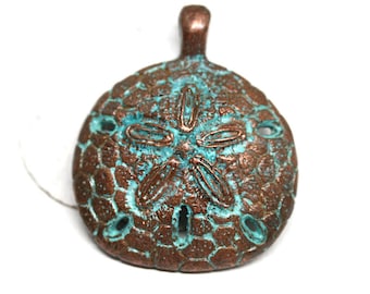 Sand dollar pendant bead Verdigris Green patina Copper pendant Greek metal sand dollar focal Lead Free 1pc - F201