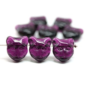 Dark purple cat czech glass beads side drilled feline kitty 8pc - 1950