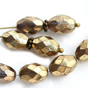 Golden olive shaped czech glass beads, gold fire polished oval beads, 11x7mm - 6Pc - 3012