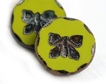 2pc Butterfly Focal beads, 26mm Extra large beads - Olive green with Picasso finish, czech glass, table cut, butterflies - 1773