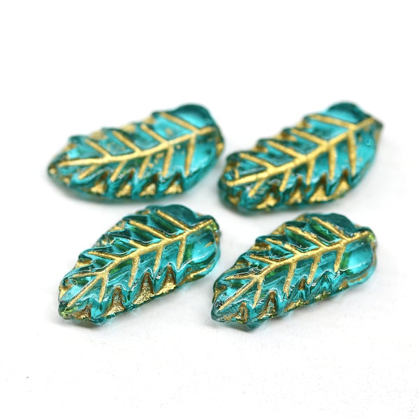 4pc Teal long curvy leaf beads gold wash 15x7mm Czech glass pressed green leaves - 1153