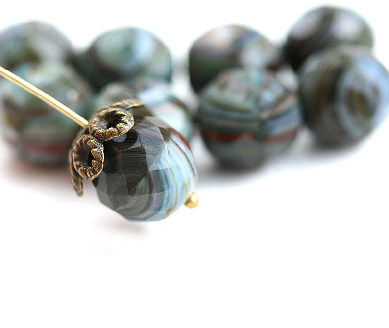 12mm Round Grey Blue Czech Glass beads, Grey Mixed color, earthy fire polished faceted large rounds 4Pc 3035 image 1