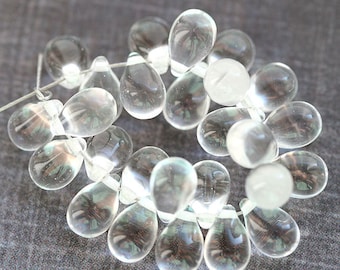 40pc Crystal clear drop beads Czech glass 6x9mm teardrops, raindrop for jewelry making - 2838