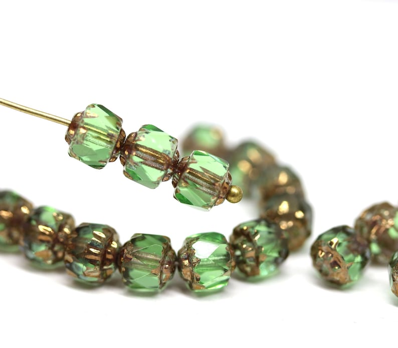 6mm Transparent green cathedral czech glass fire polished round beads golden ends 20Pc 0703