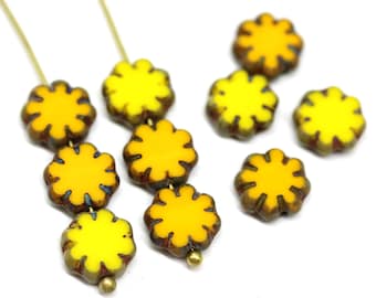 Yellow flower beads mix 9mm picasso Czech glass flat daisy, 10pc - 2633