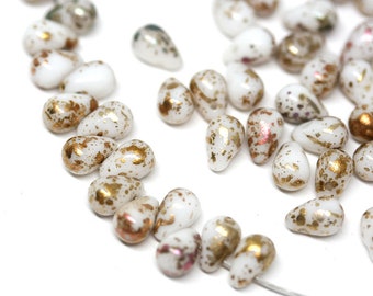 White Gold small drops Golden wash czech glass white teardrops Tiny drop beads 4x6mm - 50Pc - 2758