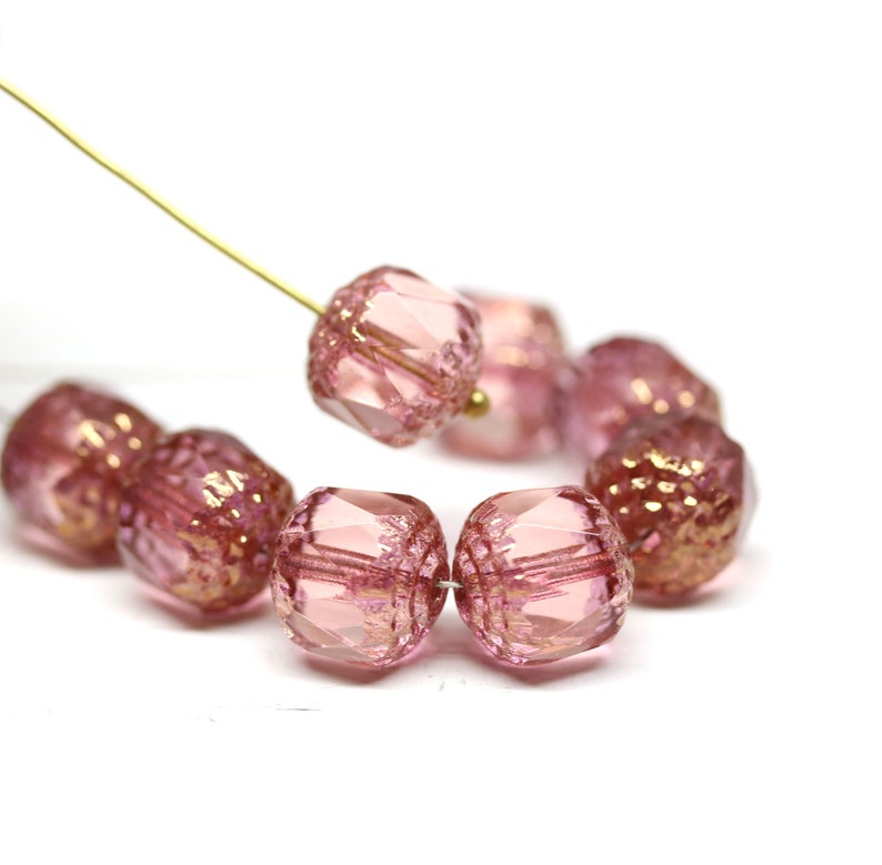 10mm Dark Pink cathedral czech glass beads, Golden ends Large fire polished faceted ball beads 8Pc 0138 image 1